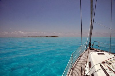 Aerial view of the anchorage of Bourg des Saintes showing boats at anchor